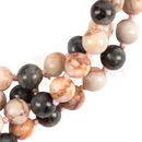 Mala perlenkette aus healing labradorit und rosenquarz mit natürlichen mustern in schwarz beige orange bei mana shop