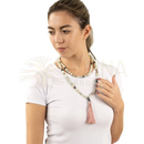 Delicate mala perlenkette with healing labradorit and rosenquarz stones in light green and dark gray with pink tassel from mana shop