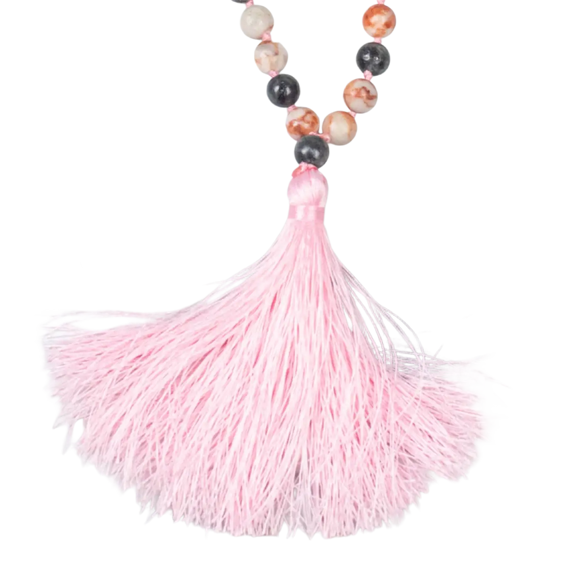 Zarte Mala Perlenkette aus Labradorit und Rosenquarz, handgefertigter Schmuck von Myga Eco, mit edlen Edelsteinperlen.