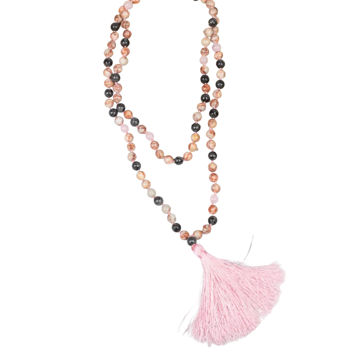 Zarte Mala Perlenkette mit Heil-Labradorit und Rosenquarz, eleganter Schmuck von Myga Eco, auf weißem Hintergrund.