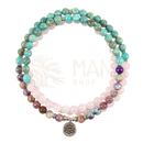 Multi-strängiges rebirth mala armband aus natürlichen kristallen mit türkis, rosa quarz und silberner lotos charm