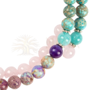 Multi-strangige rebirth mala armband mit natürlichen kristallen aus rosenquarz, türkisen und violetten steinen