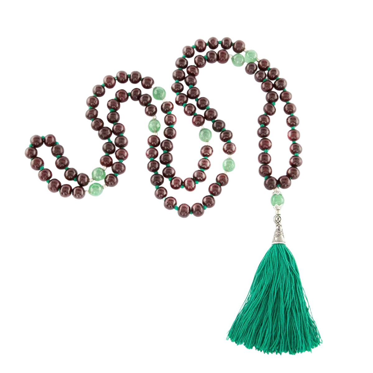 Schmuck Mala aus Rosenholz und grünem Onyx, 108 Perlen, handgefertigt, dunkle rote und grüne Farbtöne, Bodynova Design
