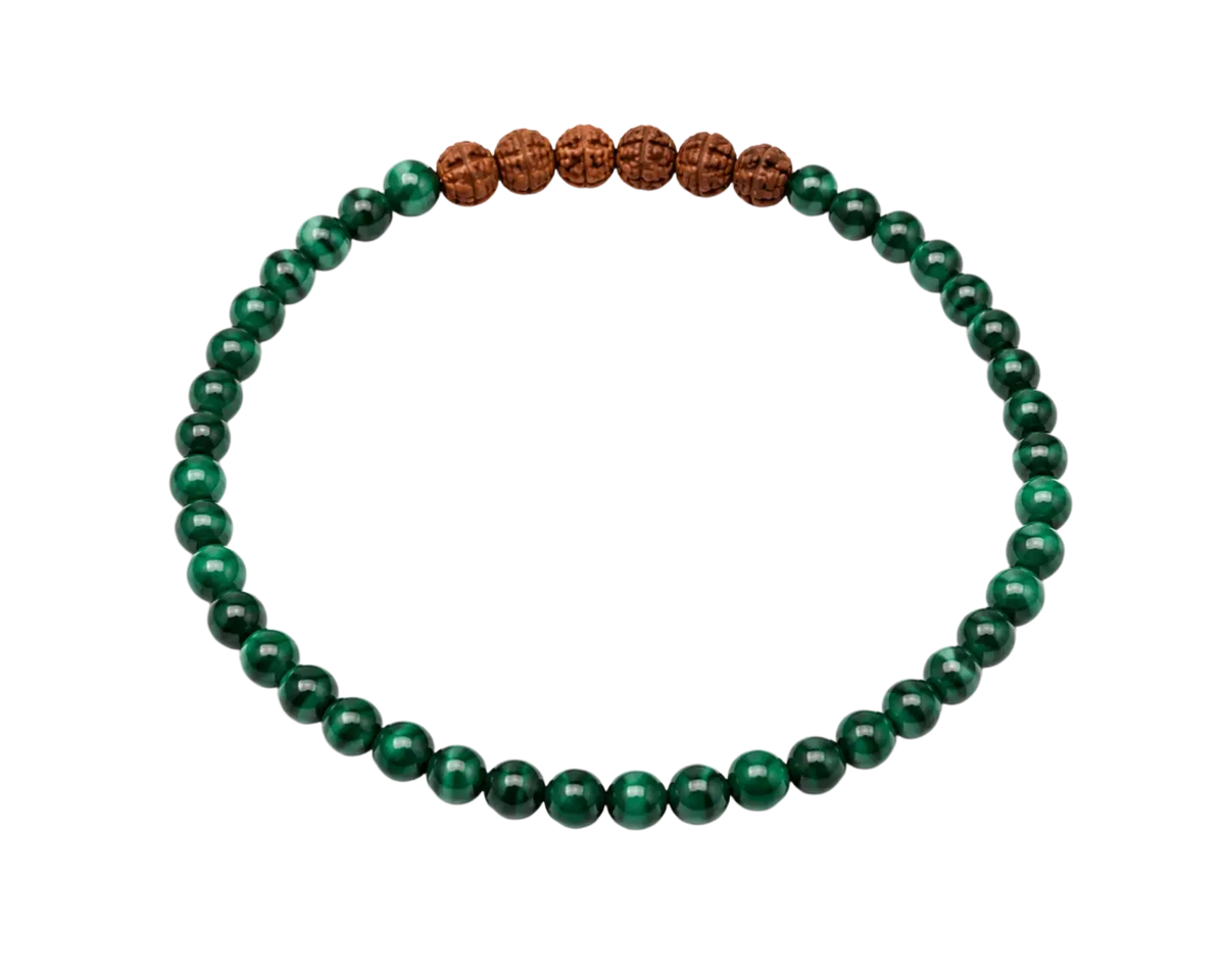 Malachit Armband mit 4 mm Rudraksha-Perlen, kreisförmiges Design, GangaPrem, natürliche Schmuckkreation