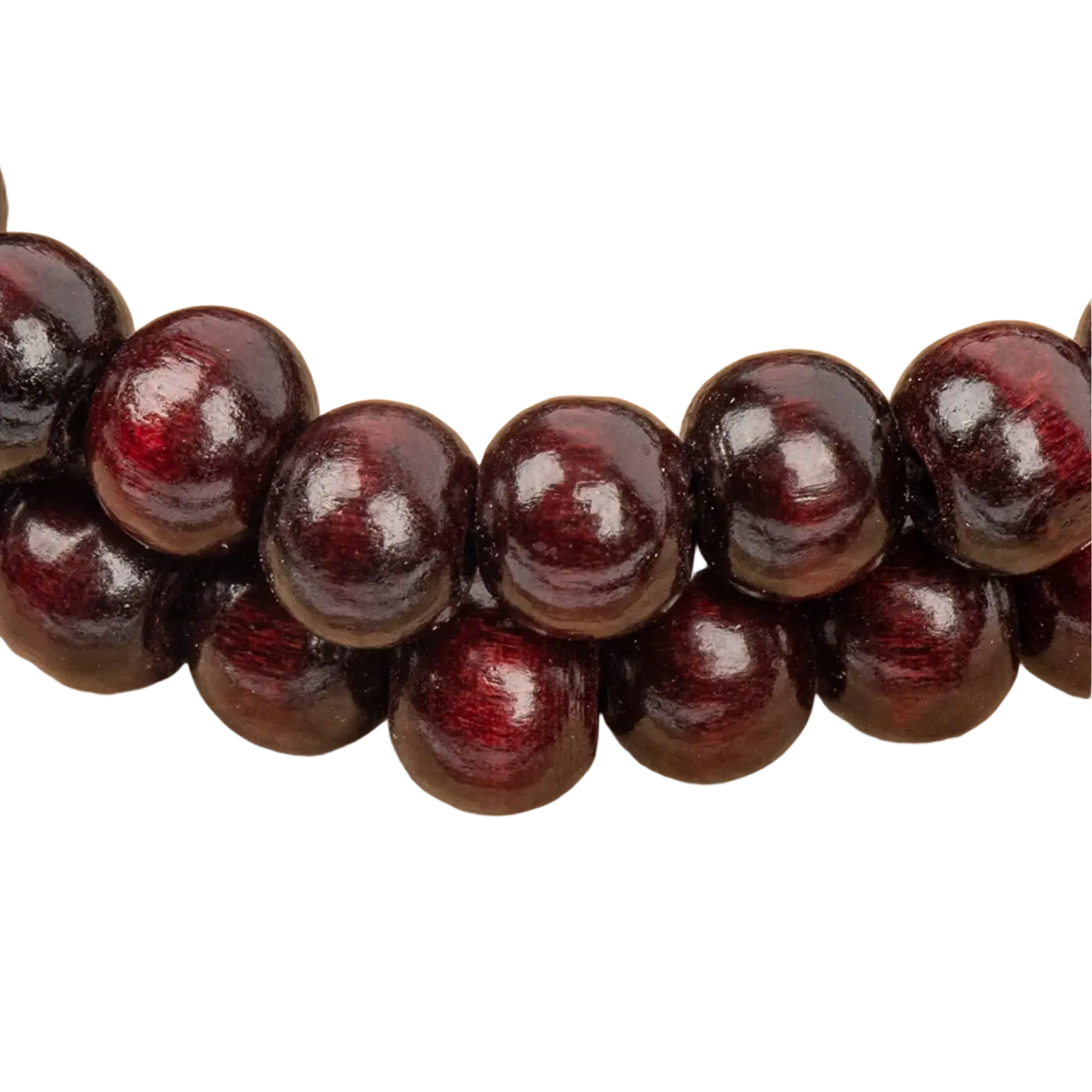Dunkelrote polierte Mallah Meditations-Perle Mala Gebetskette aus Schmuck von Myga Eco auf hellem Hintergrund sichtbar.