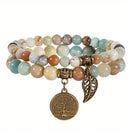 Vintage-Steinperlen-Armband-Set mit Baum des Lebens und Blätter, Chakra-Energie, für Männer und Frauen, handgefertigter Schmuck