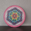 Eine schwarze Vinyl-Schallplatte mit einem farbenfrohen Punktmalerei-Mandala einer Schildkröte, präsentiert auf einem Holzständer vor weißem Hintergrund.