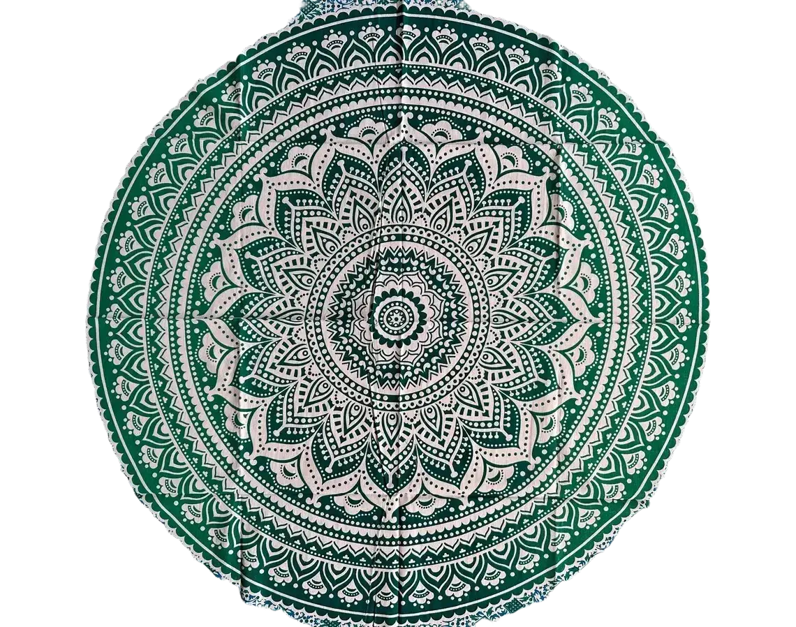 Ritueltuch mit Mandala-Muster in Grün-Weiß, 200 x 220 cm, von Sundara Handicrafts, kreisförmiges Design auf weichem Stoff.