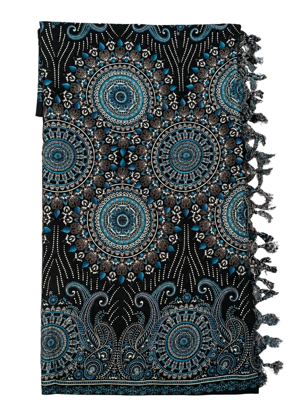 Schwarzes Mandala-Lunghi Sarong Pareo Tuch, 160x115cm, aus elastischem Hamamtuch, ideal für Strand und Sommer.