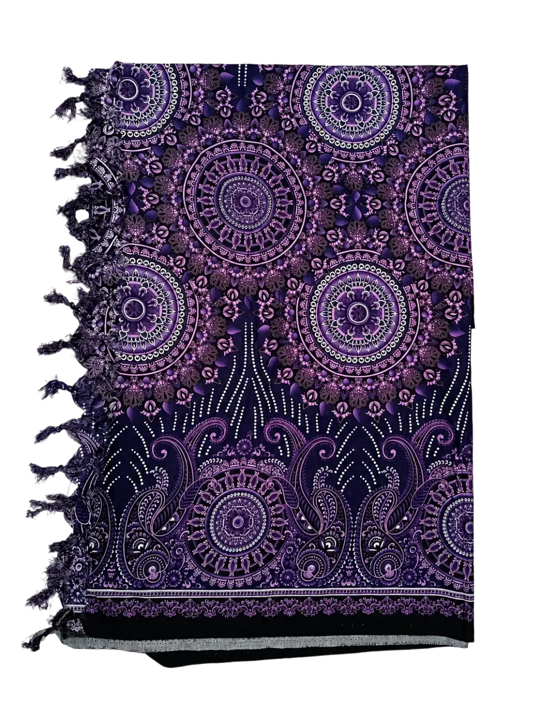Violettes Mandala-Lunghi Sarong Tuch, 160x115cm, Hanftuch von Mana Kendra mit buntem Mandala-Design auf lila und schwarz