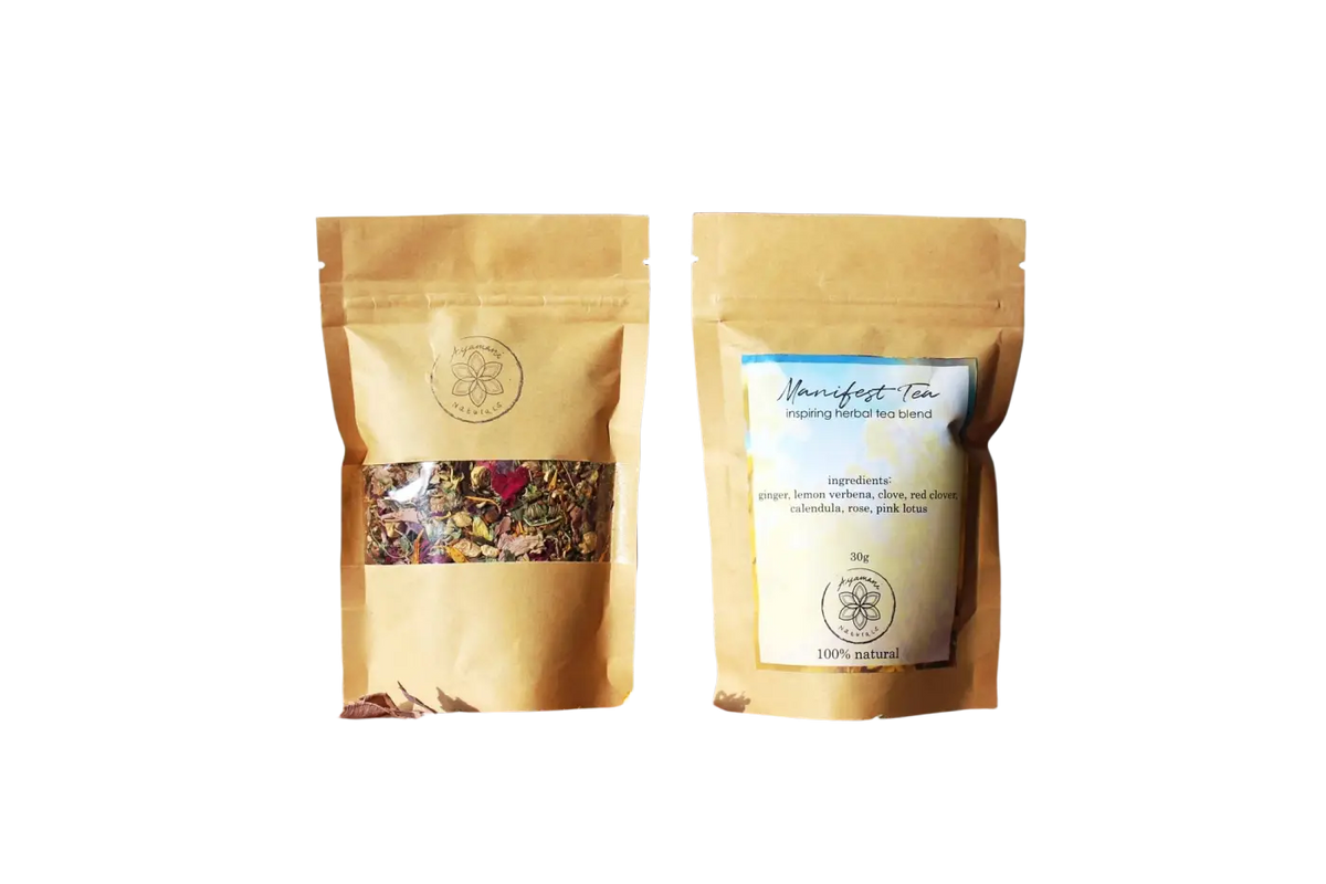 Ayamani Naturals Manifest Tea Kräutermischung in Beutel, beige Verpackung, 30 g, mit natürlichen Kräutern für Wohlbefinden
