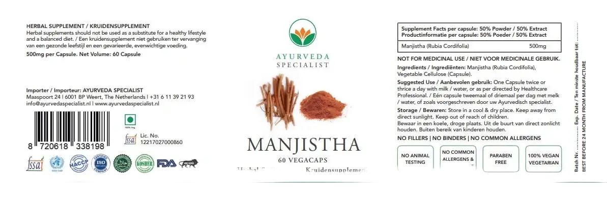Manjistha Ayurveda Kräuterformel Nahrungsergänzungsmittel in Pulverform, natürliche ayurvedische Kräuter von Ayurveda Specialist B.V.