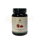 Schwarze plastikflasche mit schwarzem deckel und cremefarbener etikette ayurveda spezialist manjistha rubia cordifolia bewusste regeneration