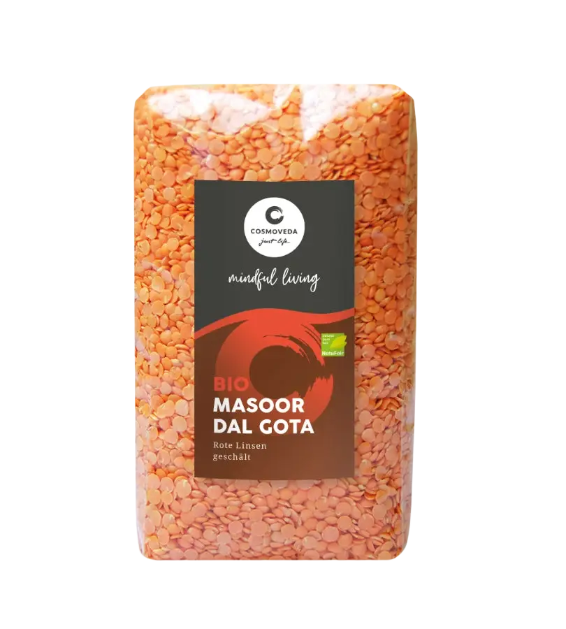 Bio Masoor Dal Gota Rote Linsen von Cosmoveda, getreide & Hülsenfrüchte, in transparentem Beutel sichtbar