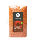 A transparent plastic bag filled with vibrant orange-red masoor dal gota rote linsen by cosmoveda for ayurvedische ernährung