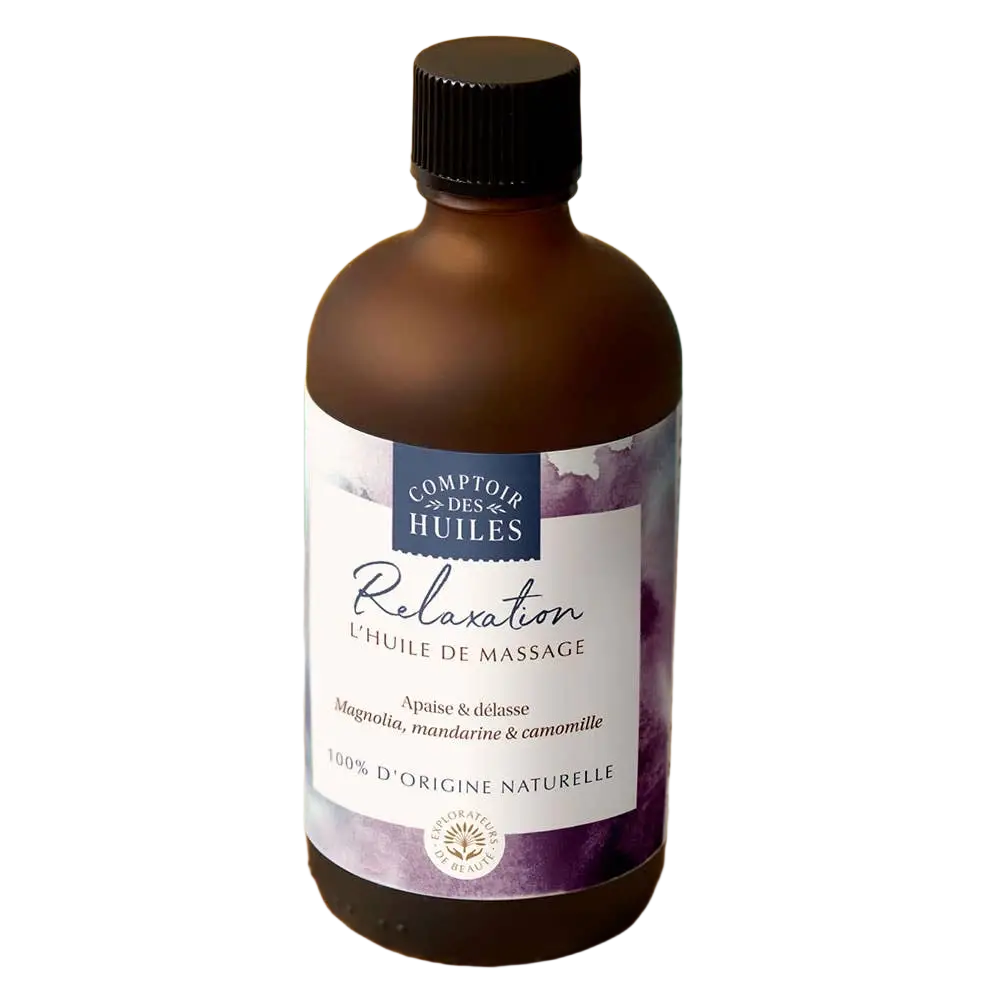 Bio Entspannungsmassageöl von Comptoir des Hules, 100ml, braunes Massageöl für wohltuende Entspannung und Hautpflege.