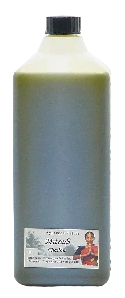 Massageöl Mitravat Thailam von Midgard Kalari in einer 1-Liter-Flasche, asiatisches Massageöl mit traditionellem Thai-Design