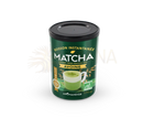 Grüner zylinderförmiger aromandise matcha avoine behälter mit schwarzem deckel und tasse illustration für grünen tee pulver