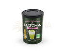 Dunkelgrüner zylinderförmiger behälter mit schwarzem deckel matcha coco bio matcha und kokos kokosmilch 150g von aromandise
