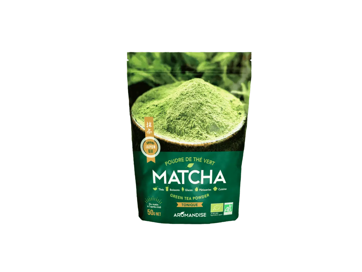 Matcha-Grünteepulver in Leinensack, leuchtend grüne Farbe, für Tee und Kaffee, von AROMANDISE, 50g.