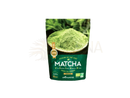 Ein leuchtend grüner aromandise beutel matcha grüner tee pulver 50g mit glänzendem etikett in weiß und goldtext
