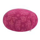Ein magentafarbenes meditationskissen zafu maharaja mit weißer blütenstickerei und dinkelfüllung für entspannte sitzhaltung