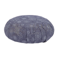 Rundes meditationskissen zafu maharaja in tiefviolett mit weißem mandala und dinkelfüllung für entspannte sitzhaltung