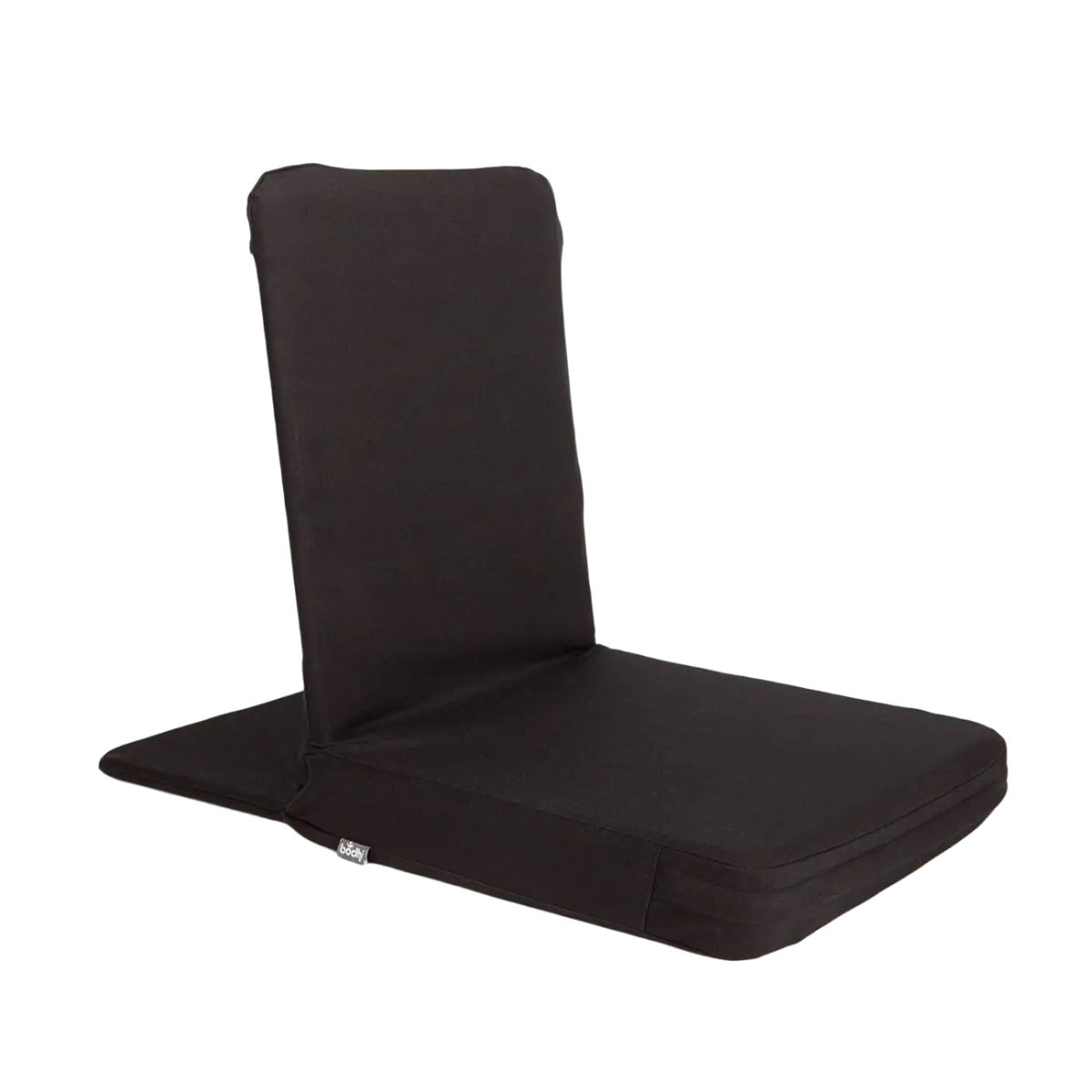 Schwarzer Meditationsstuhl Backjack XL von Bodynova für Yoga, faltbar und bequem auf schwarzem Stoff, ideal für Meditation und Entspannung.