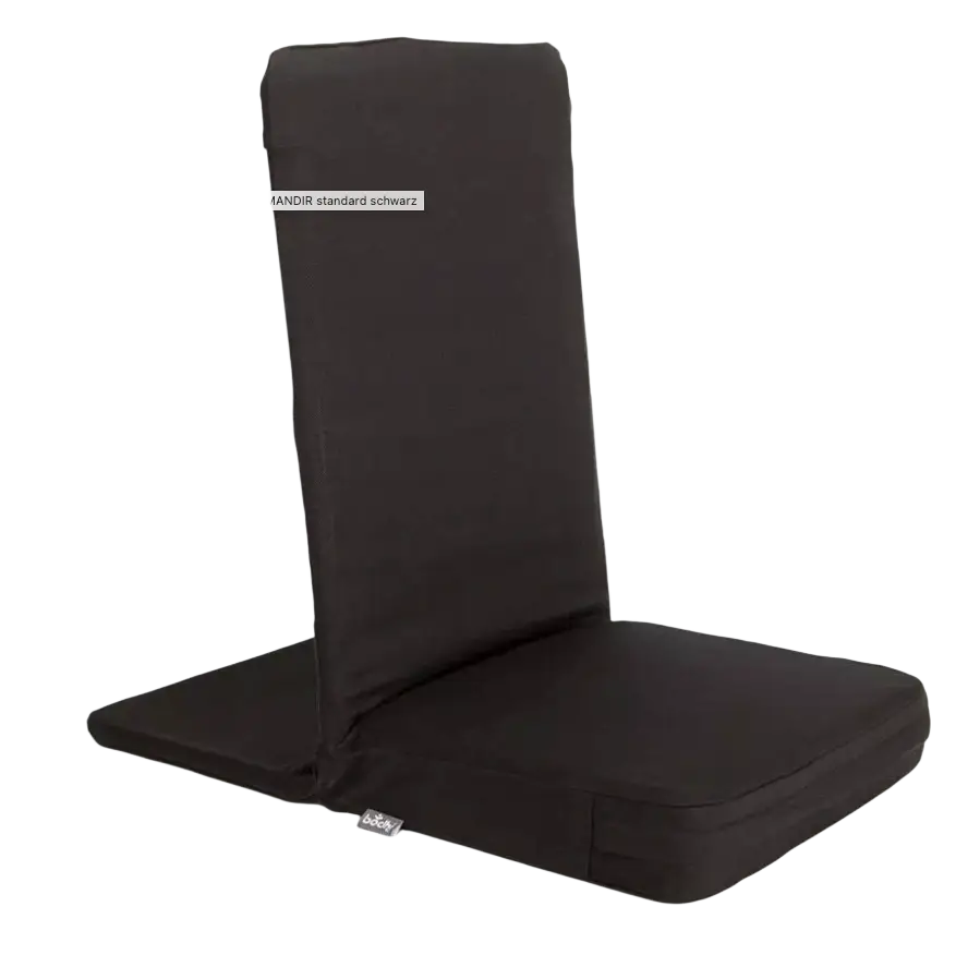 Schwarzer Yoga-Meditationsstuhl Backjack XL von Bodynova mit Stoffbezug und Fußstütze, ideal für entspannte Meditationen.