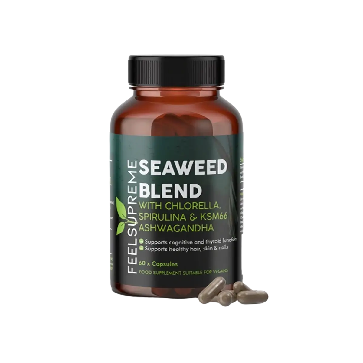 Nahrungsergänzung: Meeresalgenmischung mit Chlorella, Spirulina und Ashwagandha in einer Gläserverpackung.