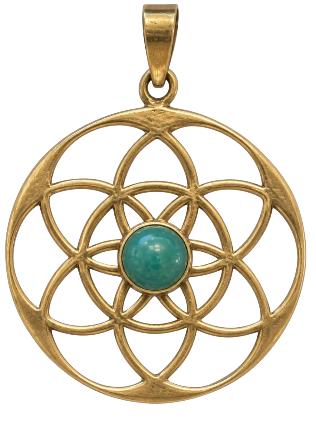 Messing Anhänger mit Blume des Lebens und türkisfarbener Perle, goldfarbener Schmuckanhänger, Mana Shop