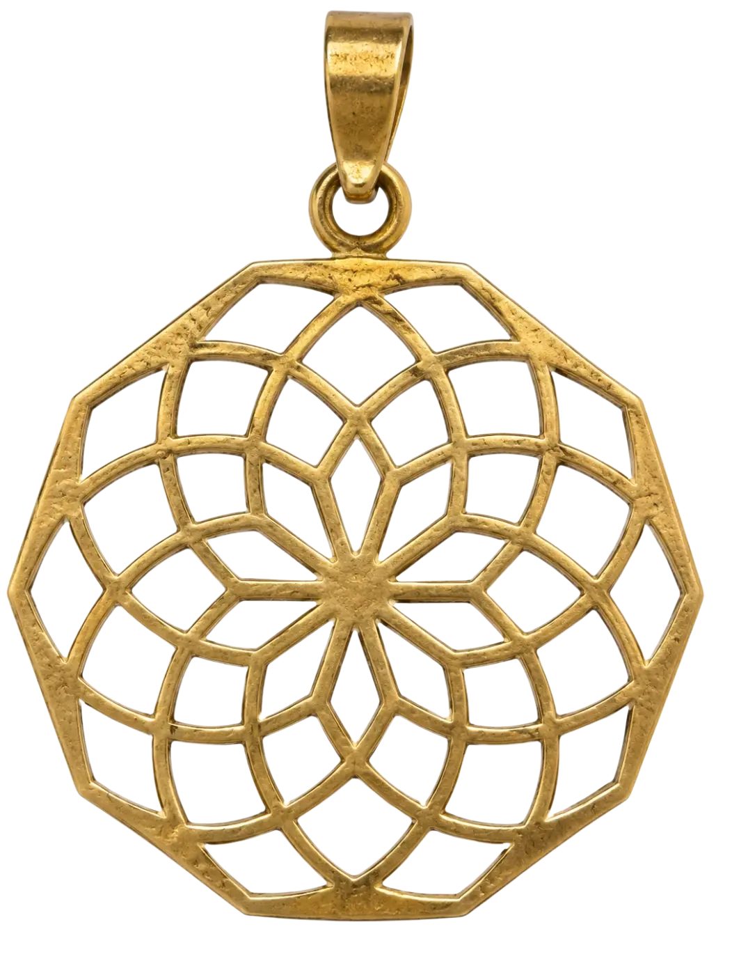 Goldfarbener Messing-Anhänger mit geometrischem Mandala, achteckiges Design, detailreich und kunstvoll gefertigt.
