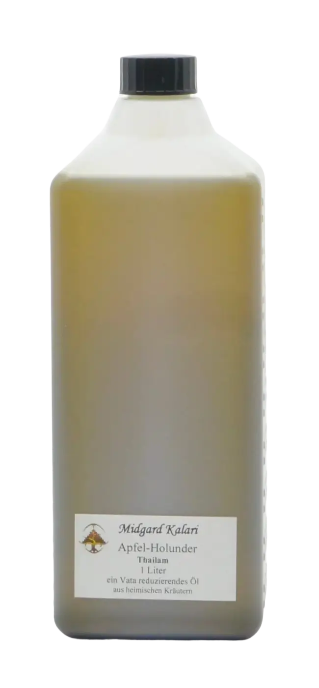 Midgard Kalari Ayurveda Massageöl Apfel-Holunder Thailam in 1L Flasche, natürliches Massageöl für Entspannung und Pflege