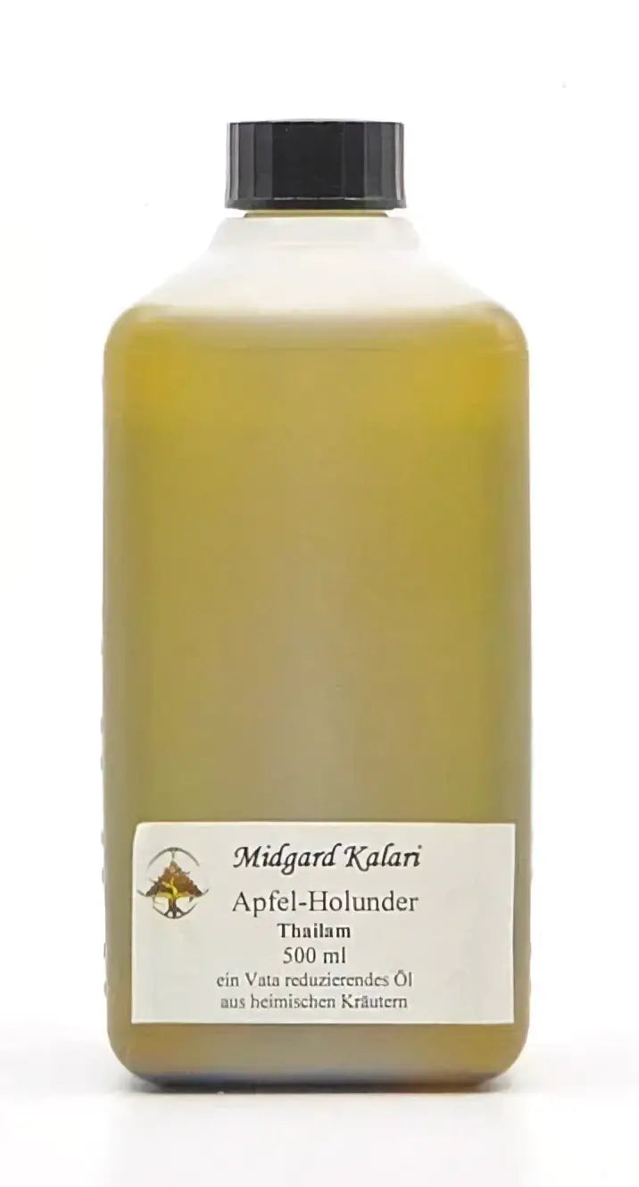 Midgard Kalari Ayurveda Massageöl Apfel-Holunder Thailam in 500ml Flasche, natürliches Massageöl mit Apfel und Holunder Duft