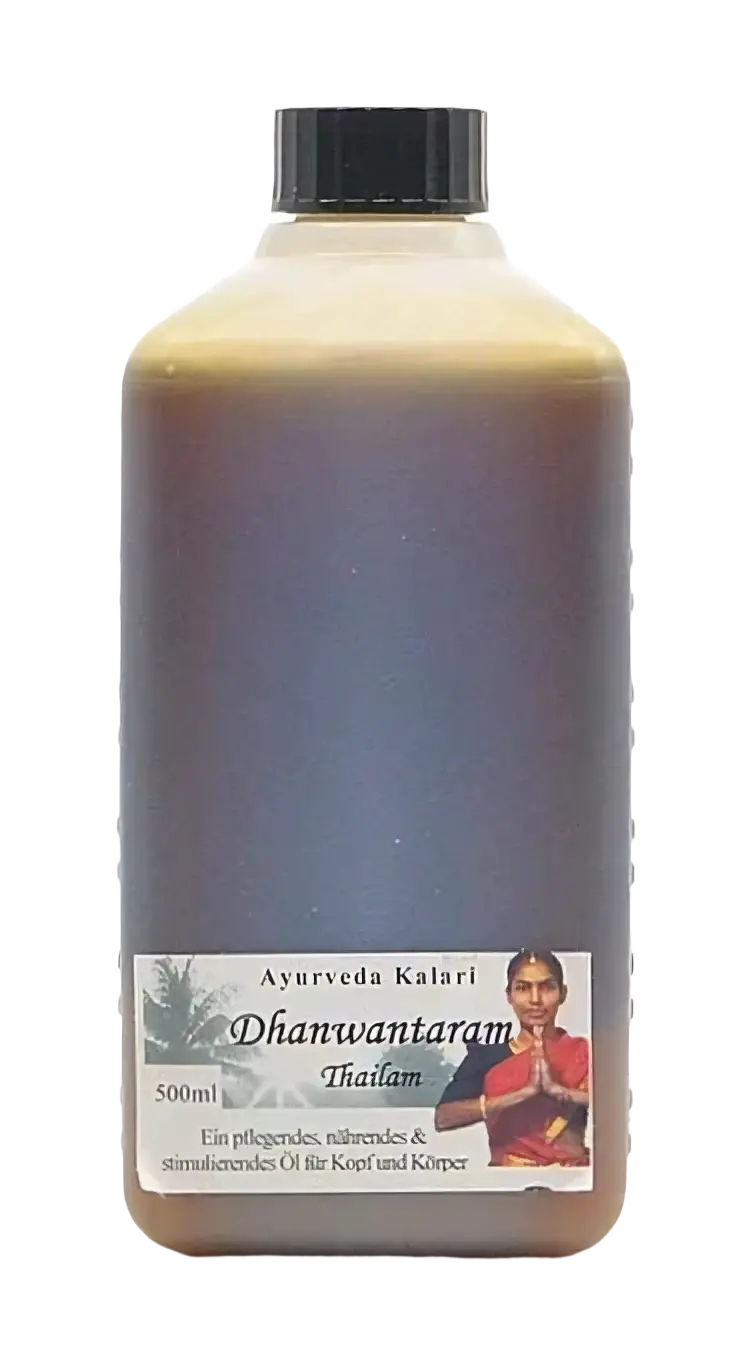 Midgard Kalari Dhanwantaram Thailam Ayurveda Massageöl, pflegend und entspannend, in einer Flasche mit traditionellem Design.