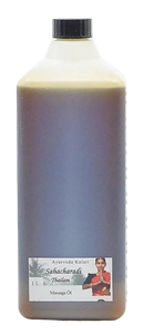 Eine 1-liter flasche midgard kalari ayurveda massageöl sahacharadi thailam mit schwarzem schraubverschluss und brauner flüssigkeit