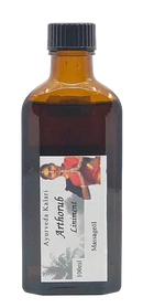 Ein dunkles bernsteinfarbenes glasfläschchen mit schwarzem gewindedeckel und ayurveda spezialöl arthorub liniment für massage