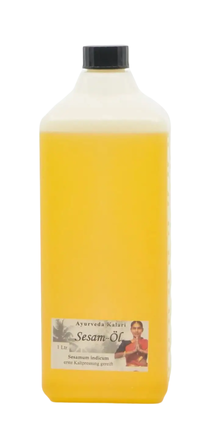 Bio Sesamöl von Midgard Kalari, ayurvedisches Massageöl für Hautpflege und Massage in einer braunen Flasche