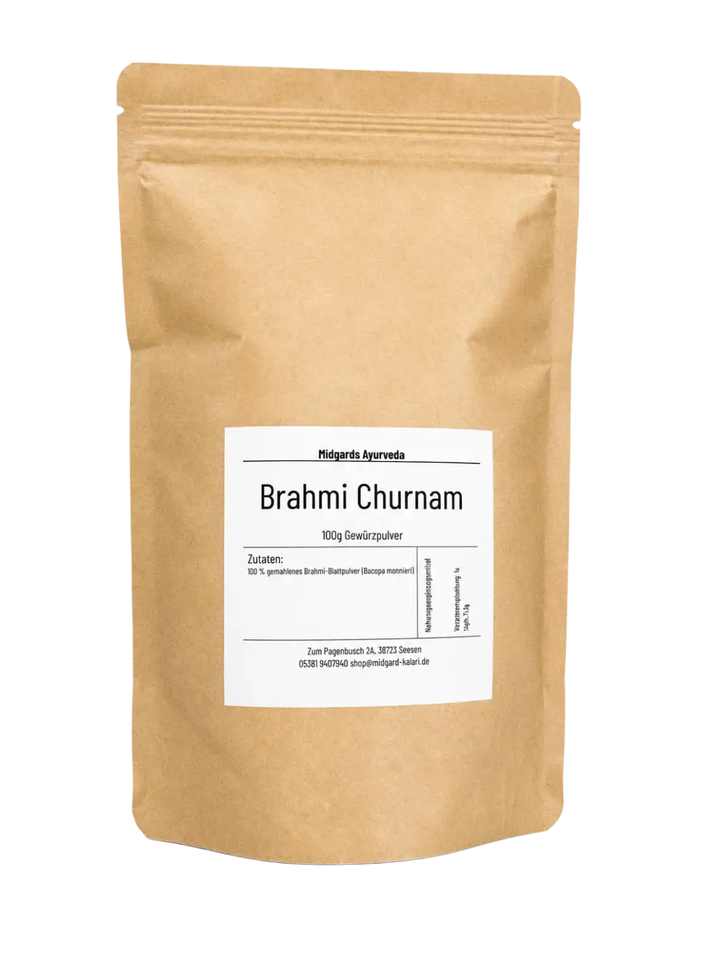 Midgard Kalari Brahmi Pulver in einem offenen Glasbehälter, feines Kräuterpulver für traditionelles Ayurveda, braune Farbe, naturbelassen