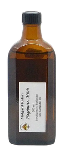 Dunkle bernsteinfarbene glasflasche mit schwarzem schraubverschluss midgard kalari hagebutte-milch thailam öl 200 ml