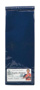 Midgard Kalari Kapha Tee Shamani in blauem Glas, 150g, tiefblaue Verpackung, natürliches Tee-Produkt für Kapha aus der Marke Midgard Kalari.