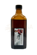 Eine dunkle bernsteinfarbene glasflasche midgard kalari vasti thailam mit schwarzem deckel und ayurvedisches kopföl label