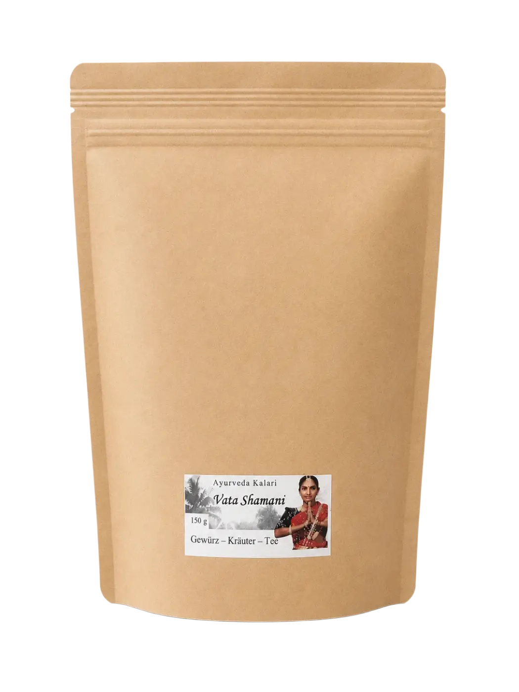 Midgard Kalari Vata Tee Shamani in brauner Verpackung, 150g, wiederverwendbare Verpackung, Tee mit Vata-Kräutern.