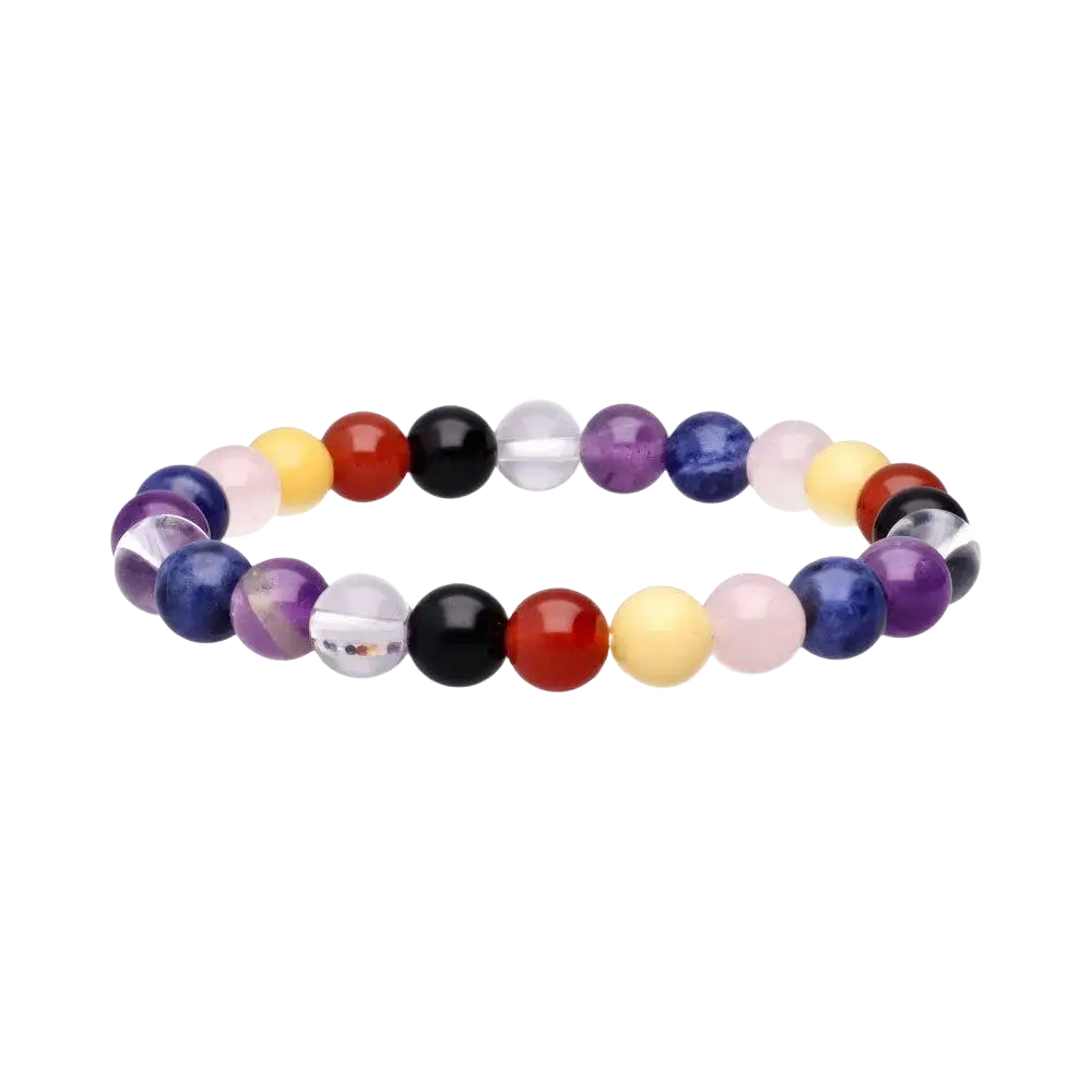 Buntes Chakra-Armband mit glatten 8 mm Kugeln, Schmuckstück von Vives de la Cortada SCP, farbenfrohes Design