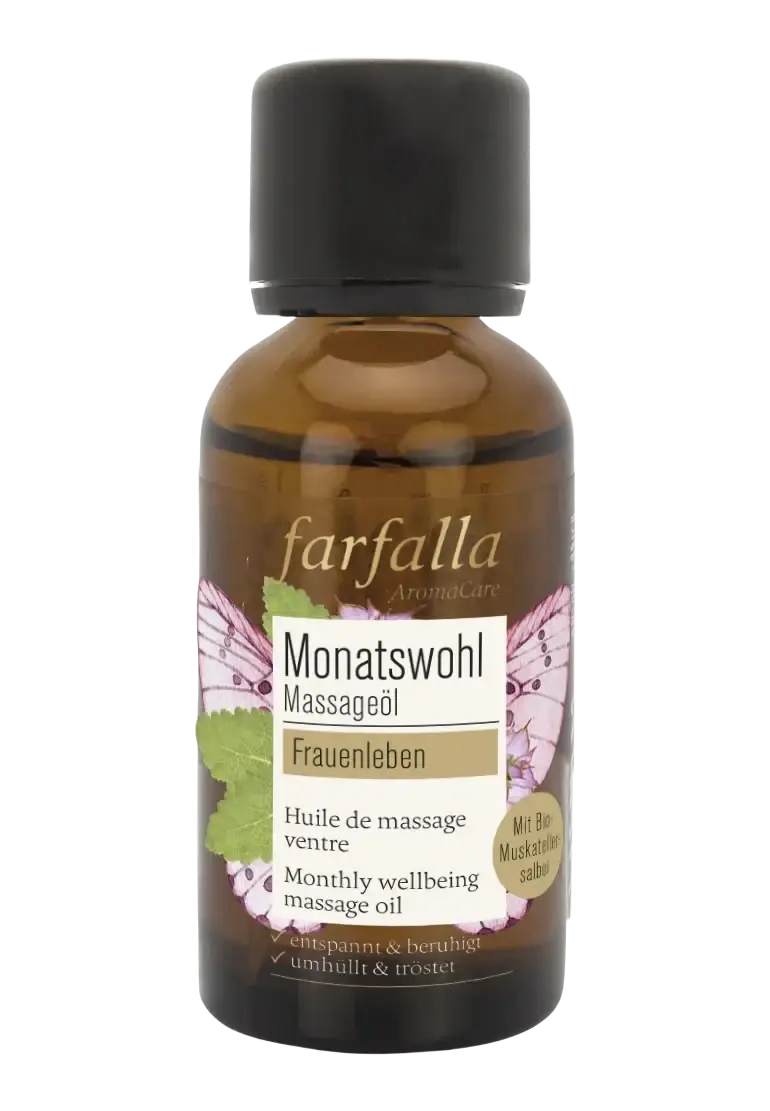 Dessauer Monatswohl Massageöl Frauenleben in brauner Glasflasche, 30ml, feines Massageöl für Frauenwohl.