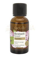 Braune glasflasche mit schwarzem deckel farfalla monatswohl massageöl frauenleben 30ml mit floralem design im mana shop festliches bio raumspray