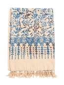 Beiger katoen lunghi sarong pareo mit blauem und braunem blattmuster und fransen morgentau lunghi sarong pareo tuch 160x115cm