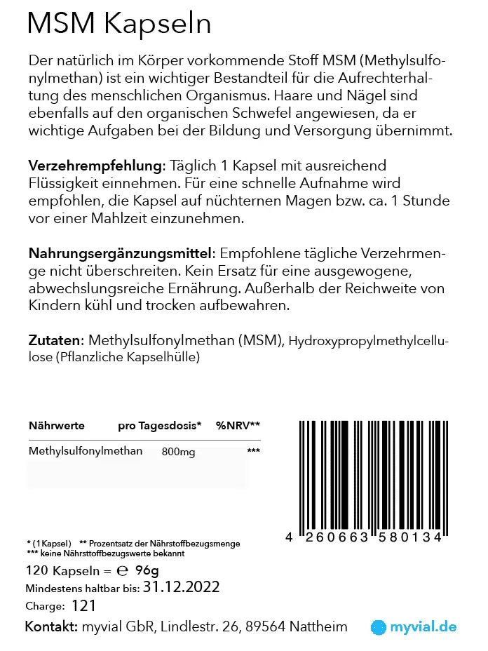 Hochdosierte vegane MSM Kapseln von myvial, 120 Stück, Nahrungsergänzung, in Deutschland hergestellt, in einer offenen Packung.