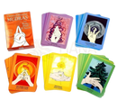 Mehrfarbige illustrierte mudras karten mit spirituellen handgesten in sechs stapeln und oranger box von mana shop