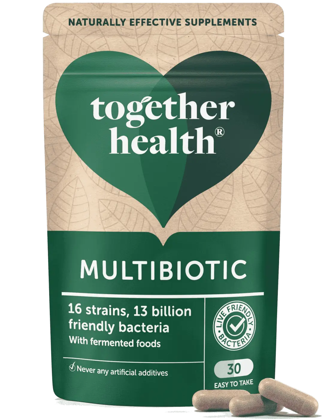 Veganes Multibiotikum von Together Health, probiotisches Nahrungsergänzungsmittel mit verschiedenen nützlichen Bakterien.
